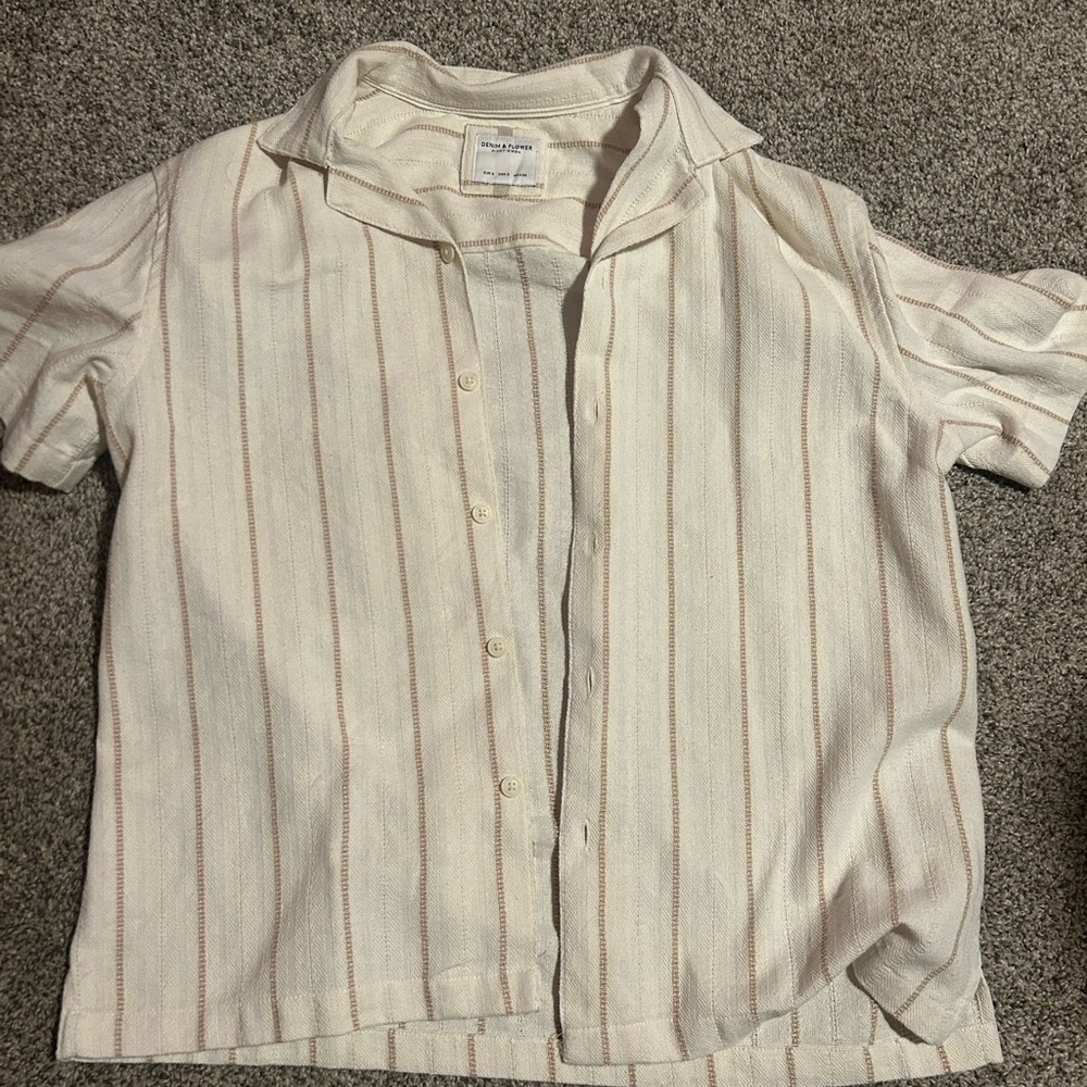 Denim & Flower Cream Button-Up Short-Sleeve Dress Shirt with Tan Stripes